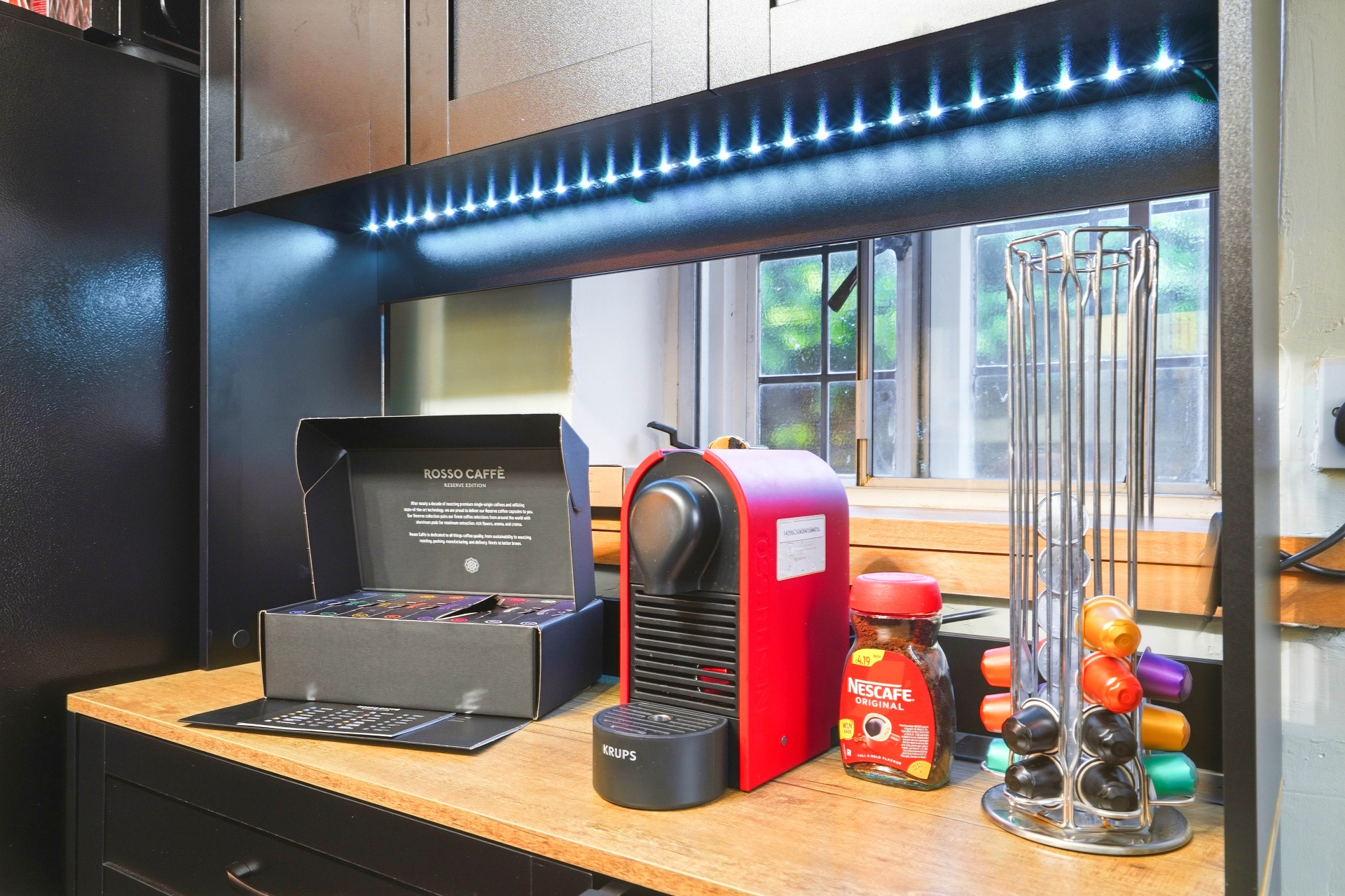 Nespresso coffee station with pods in the kitchen