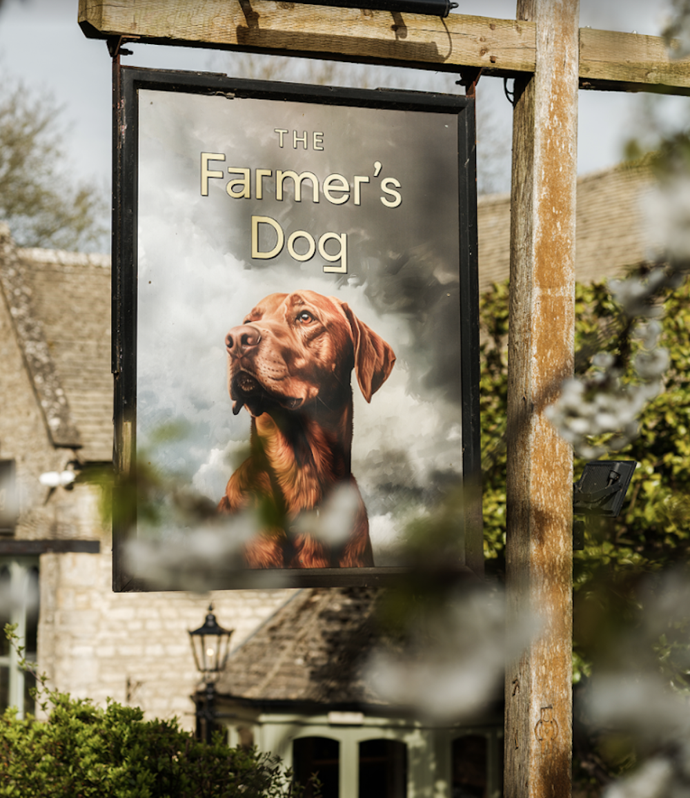 The Farmer's Dog pub sign, the Cotswolds pub taken on by Jeremy Clarkson