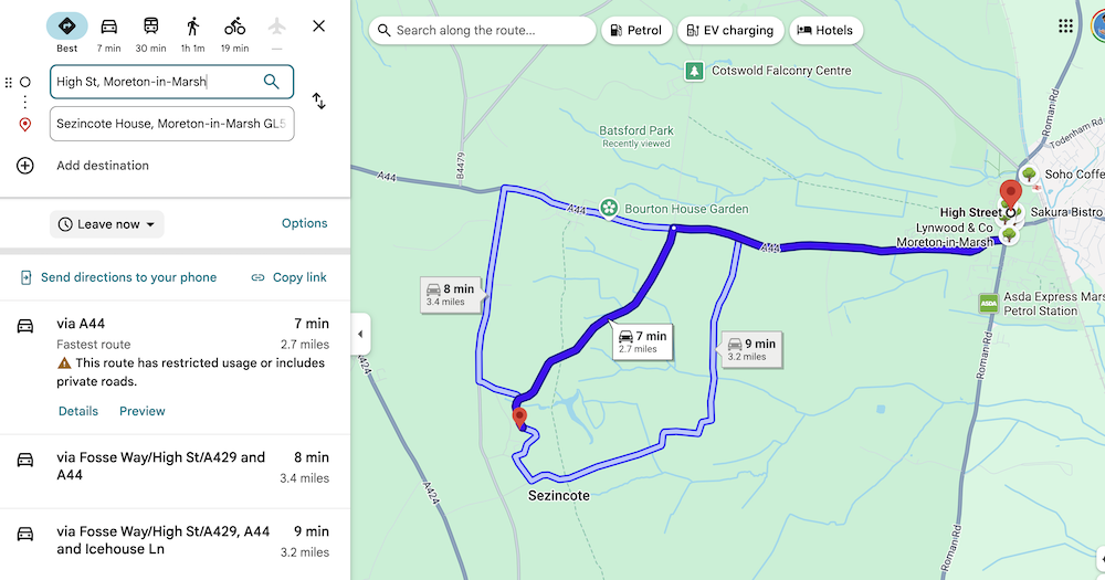 Google Maps directions panel showing 7, 8 and 9 minute routes between Moreton-in-Marsh and Sezincote House