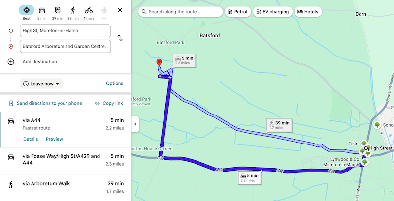Google Maps directions panel showing 5 minute drive (2.2 miles) and 39 minute walk (1.7 miles) from Moreton-in-Marsh to Batsford Arboretum