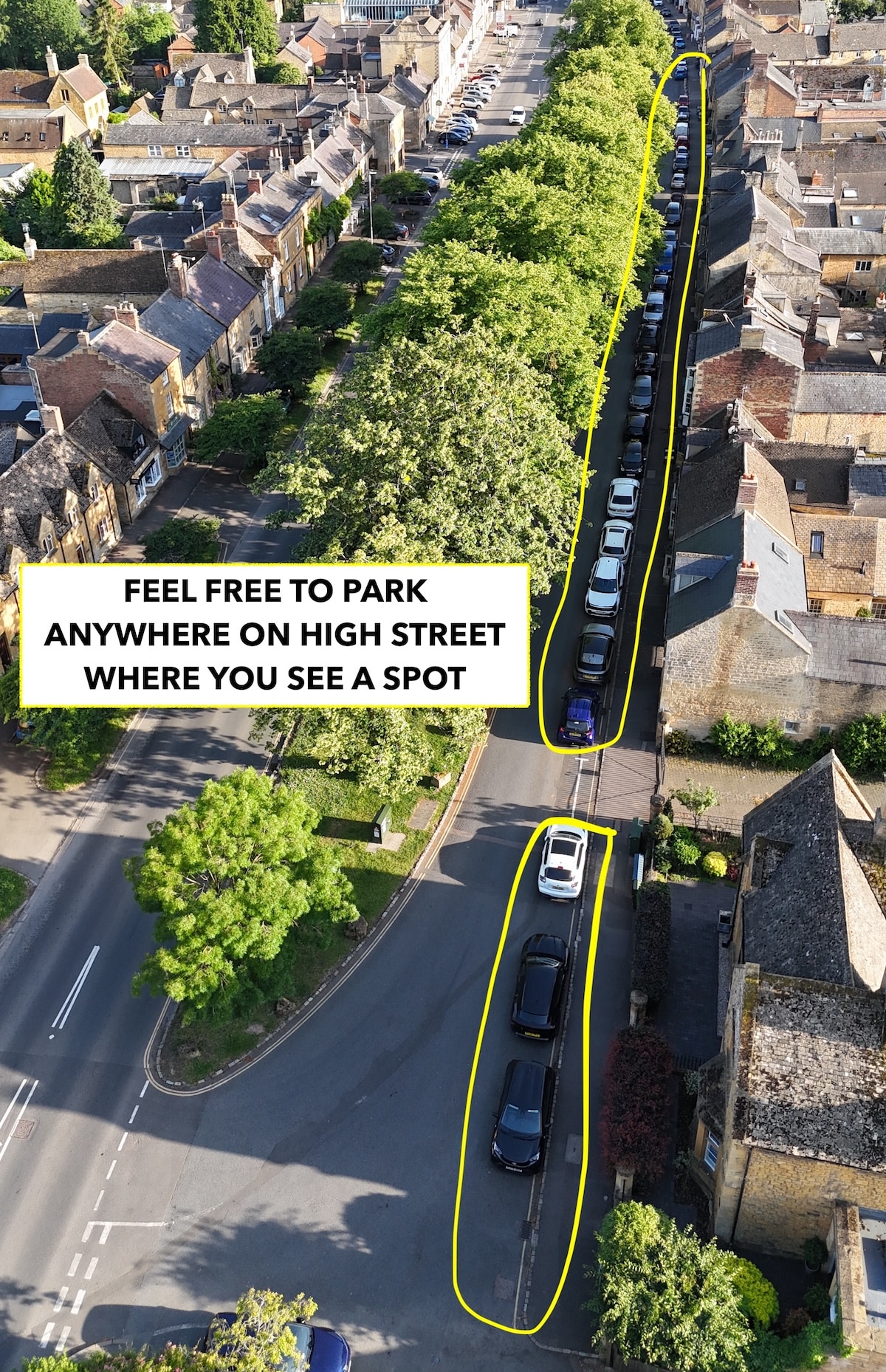 Aerial photo of Moreton-in-Marsh High Street with the free parking runs outlined in yellow.
