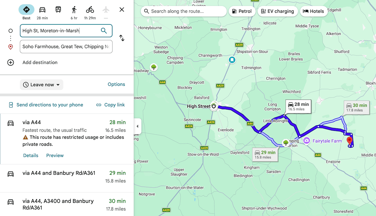 Google Maps showing three alternative driving routes from Moreton-in-Marsh to Soho Farmhouse, ranging from 28 to 30 minutes