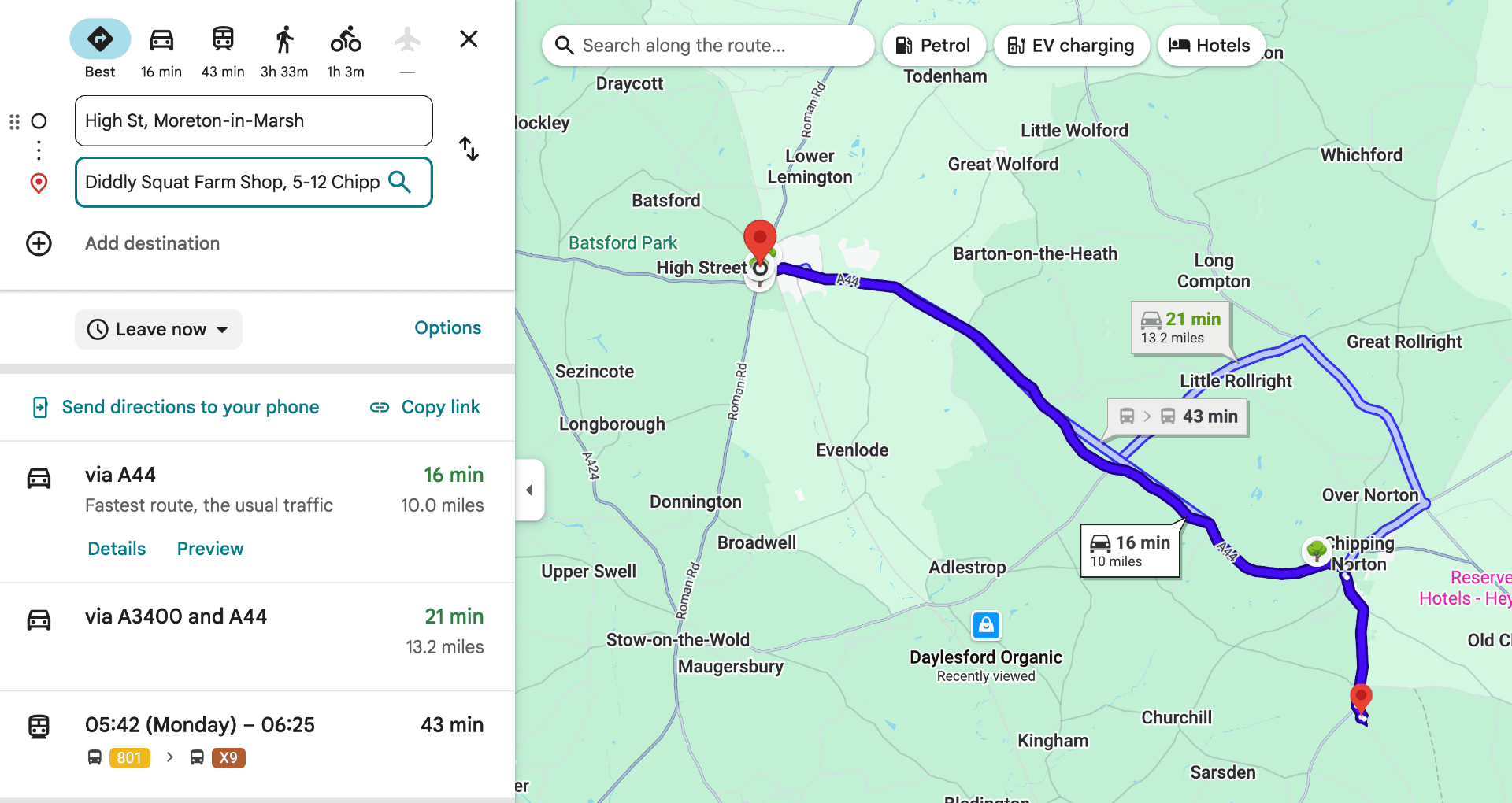 Google Maps directions from Moreton-in-Marsh to Diddly Squat Farm Shop showing the 16 minute fastest route, a 21 minute alternate route, and a 43 minute public transport option