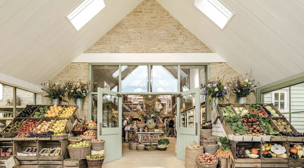 Vaulted interior of the Daylesford farmshop with produce displays
