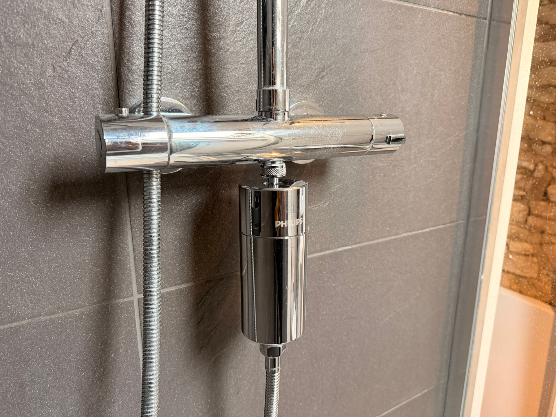 Philips in-line shower filter fitted to the upstairs shower at Mae Cottage