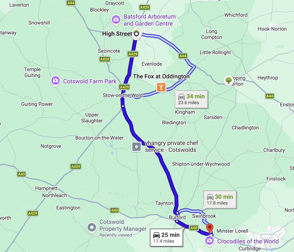 Google Maps route from High Street, Moreton-in-Marsh to The Farmer's Dog near Burford via the A429 and A40, 17.4 miles in around 25 minutes