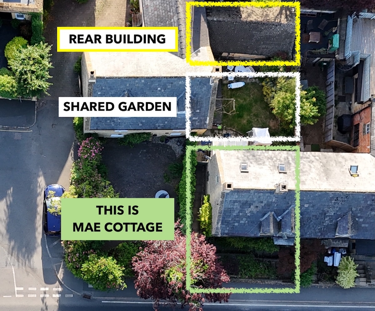 Aerial diagram showing Mae Cottage, shared rear garden and independently occupied rear annexe.