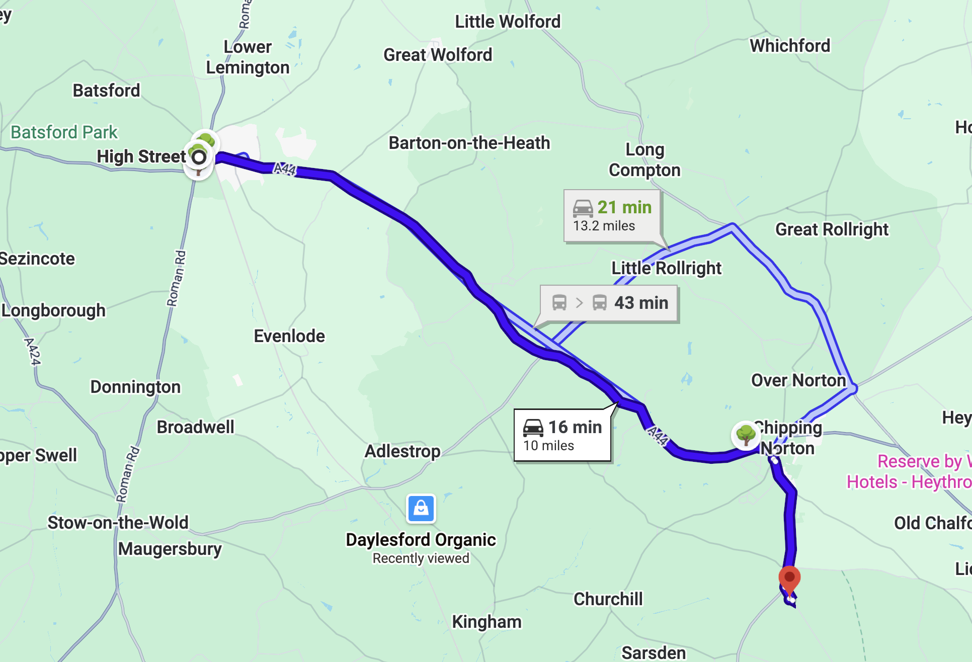 Google Maps route from High Street, Moreton-in-Marsh to Diddly Squat Farm Shop, 10 miles in around 16 minutes