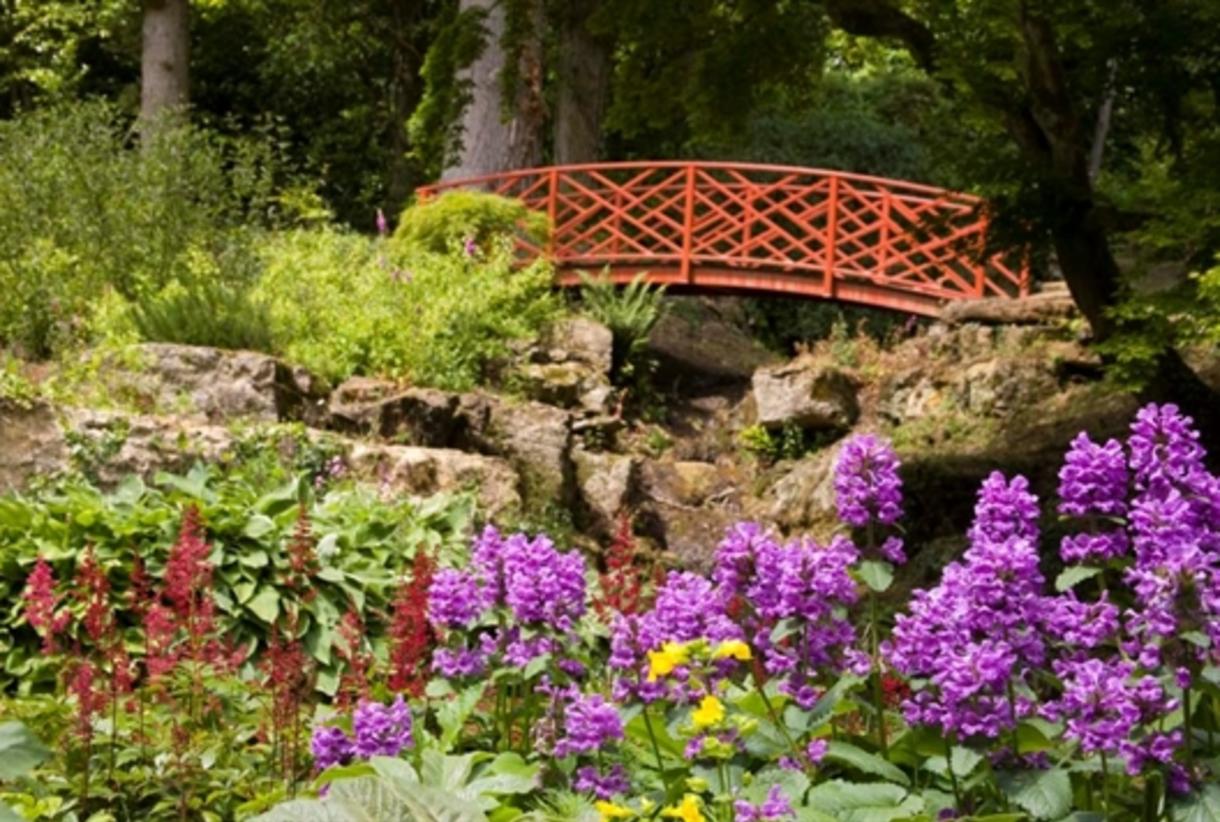 The iconic red Japanese bridge over the rockery at Batsford Arboretum in summer, photo courtesy of Batsford Arboretum