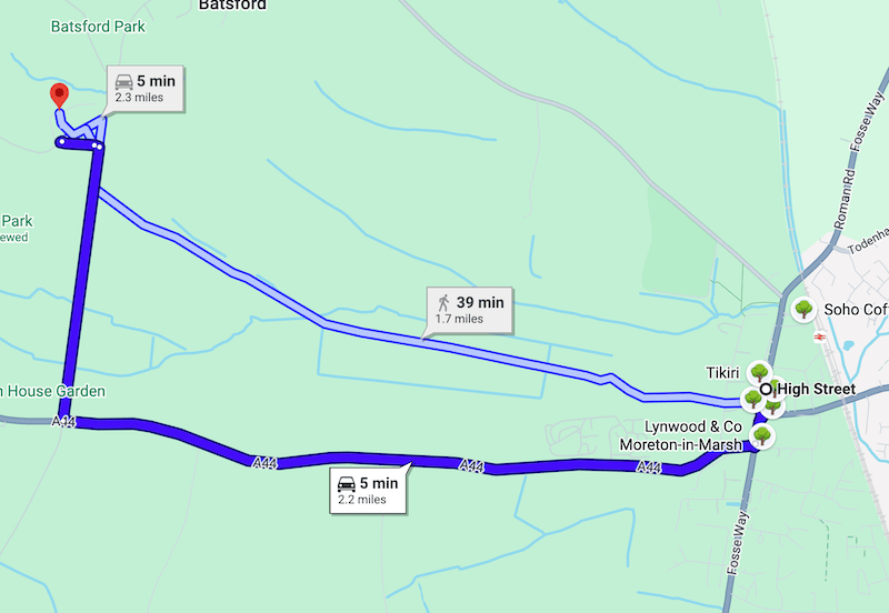 Map showing the 2.2 mile route from Moreton-in-Marsh High Street to Batsford Arboretum via the A44