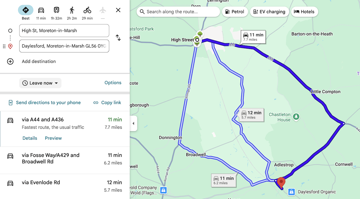 Google Maps showing three route options from Moreton-in-Marsh to Daylesford, including via Fosse Way and via Evenlode Road