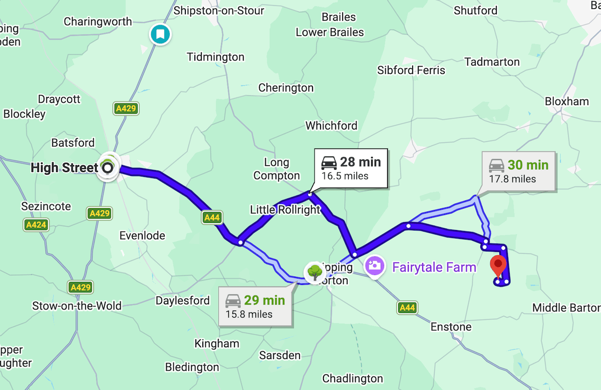 Google Maps route from High Street, Moreton-in-Marsh to Soho Farmhouse, Great Tew via the A44, 16.5 miles and 28 minutes