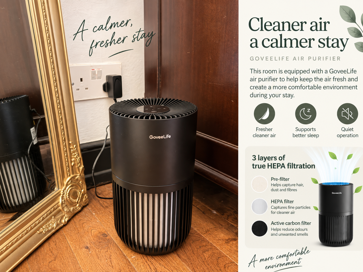 GoveeLife HEPA air purifier in Bedroom One at Mae Cottage