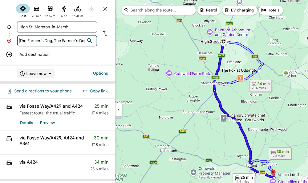 Google Maps showing alternative routes from Moreton-in-Marsh to The Farmer's Dog, including via the A361 and via the A424