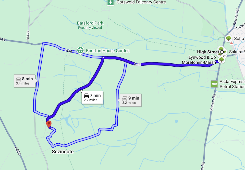 Google Maps showing three routes from High Street, Moreton-in-Marsh to Sezincote: 7 minutes via the A44, 8 minutes via Fosse Way, and 9 minutes via Icehouse Lane