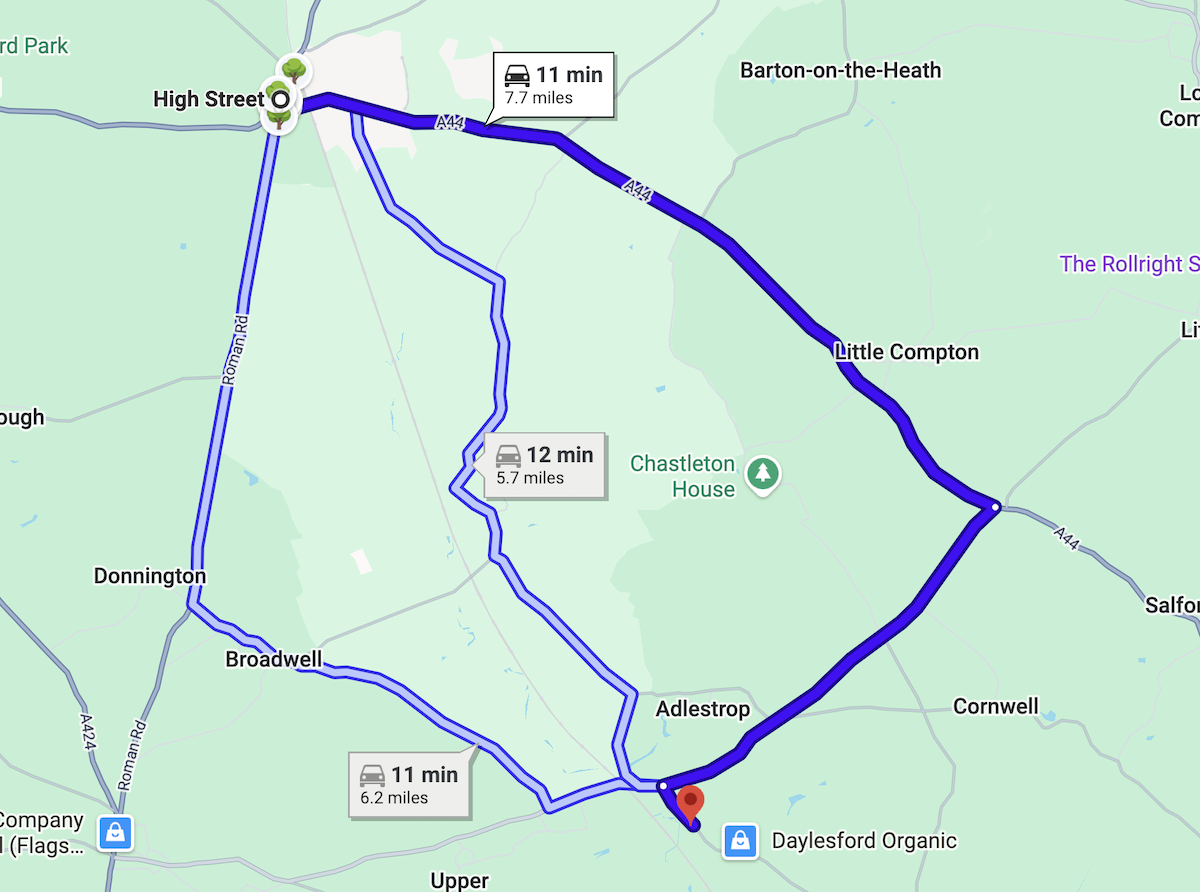 Google Maps route from High Street, Moreton-in-Marsh to Daylesford Organic via the A44 and A436, 7.7 miles and 11 minutes